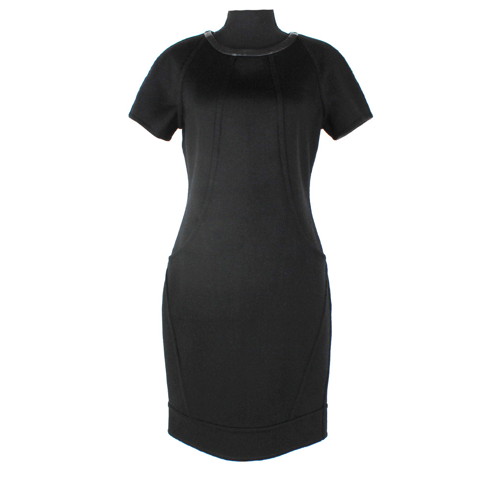 TSE Cashmere Leather Trim Dress Black Structured Sheath Short Sleeve Size 4